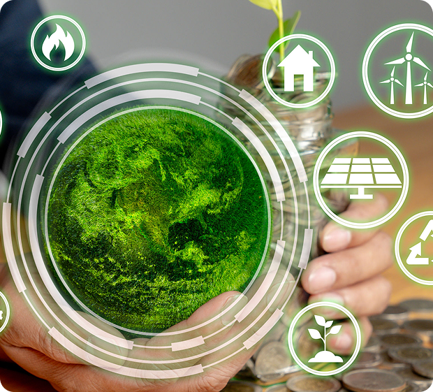 Eco-friendly technology and sustainable energy symbols.